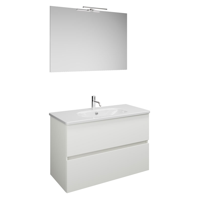 Burgbad Rocio Badmöbel Set - 100 cm, Flächenspiegel, Keramik-Waschtisch, Unterschrank mit 2 Auszügen, Weiß Matt