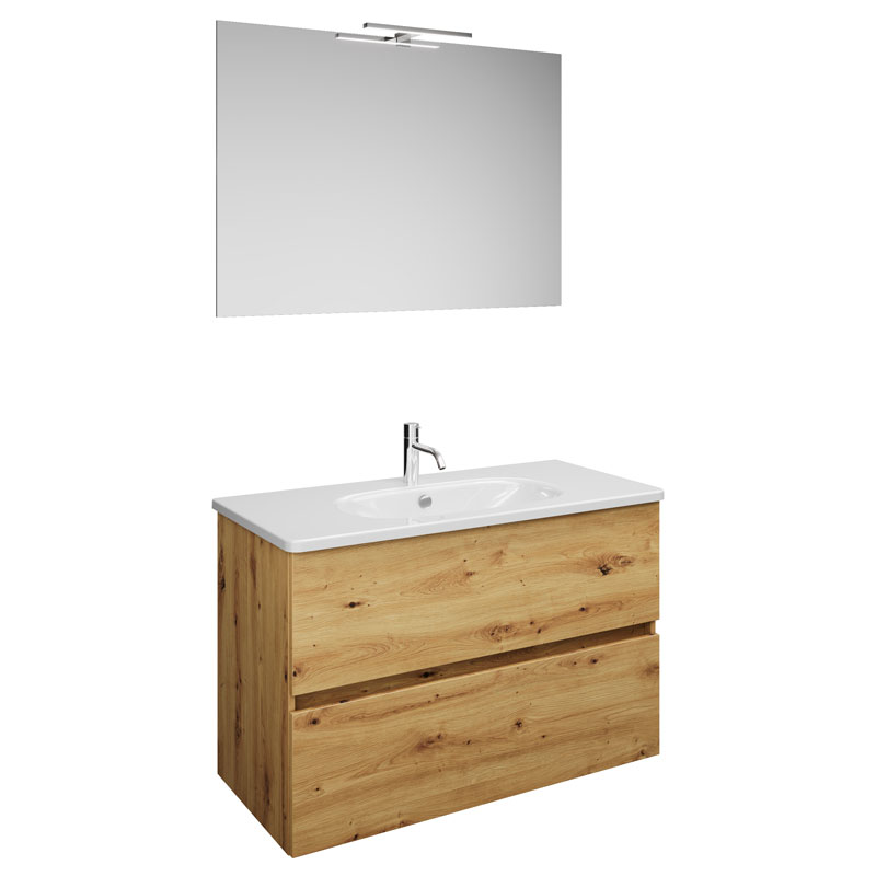 Burgbad Rocio Badmöbel Set - 100 cm, Flächenspiegel, Keramik-Waschtisch, Unterschr. mit 2 Auszügen, Eiche Dekor Urban
