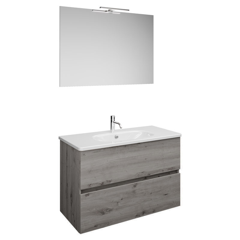 Burgbad Rocio Badmöbel Set - 100 cm, Flächenspiegel, Keramik-Waschtisch, mit 2 Auszügen, Eiche Dekor Silber