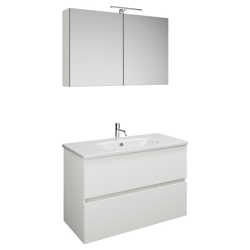 Burgbad Rocio Badmöbel Set - 100 cm, Spiegelschrank, Keramik-Waschtisch, Unterschrank mit 2 Auszügen, Weiß Matt