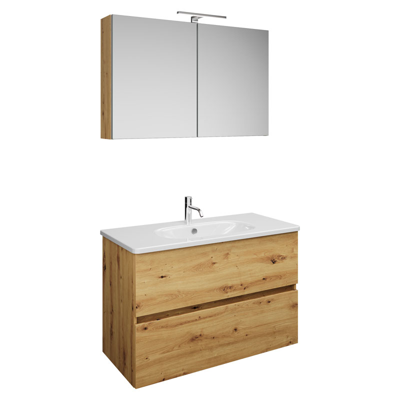 Burgbad Rocio Badmöbel Set - 100 cm, Spiegelschrank, Keramik-Waschtisch, mit 2 Auszügen, Eiche Dekor Urban