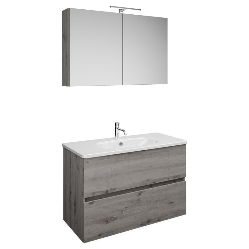 Burgbad Rocio Badmöbel Set - 100 cm, Spiegelschrank, Keramik-Waschtisch, mit 2 Auszügen, Eiche Dekor Silber