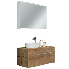 Lanzet Woodblock Badmöbel Set 1 - 101,8 cm, Spiegelschrank, Keramik-Aufsatzschüssel, Waschtischunterschrank mit 1 Auszug- B: 1018 H: - T: 450