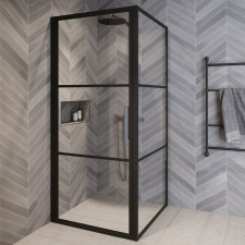 Riho Grid Duschtür mit Seitenwand - Drehtür pendelbar 90 cm in Kombination mit Seitenwand 90 cm in schwarz-matt- B: 900 H: 2000 T: 900