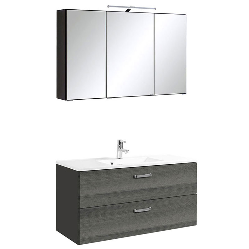 Held Möbel Bologna Badmöbel Set -100 cm, Spiegelschrank mit Aufbauleuchte, Mineralgussbecken, 2 Auszüge