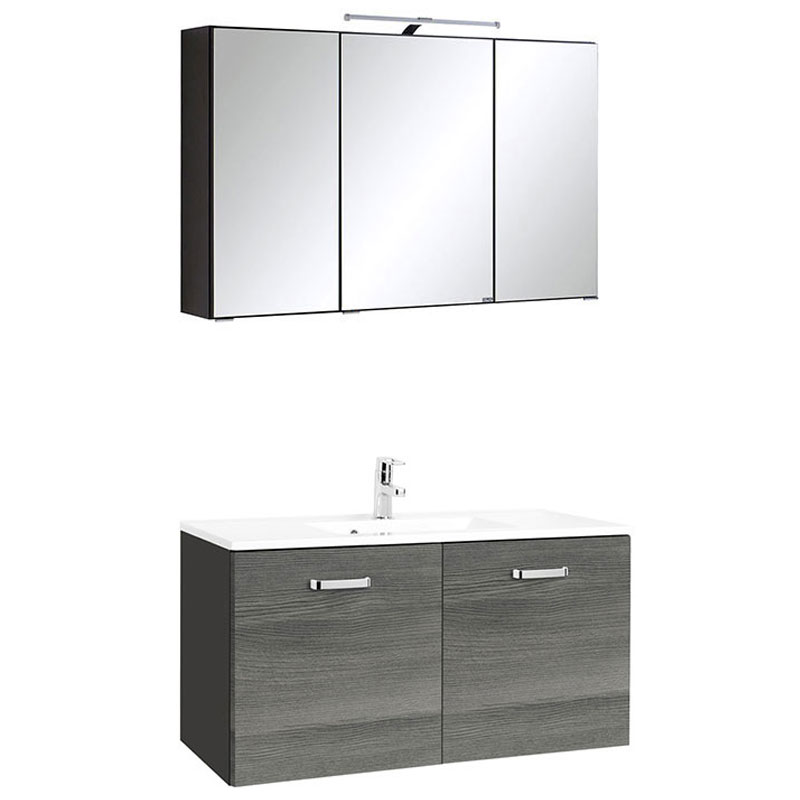 Held Möbel Bologna Badmöbel Set - 100 cm, Spiegelschrank mit Aufbauleuchte, Mineralgussbecken, 2 Türen