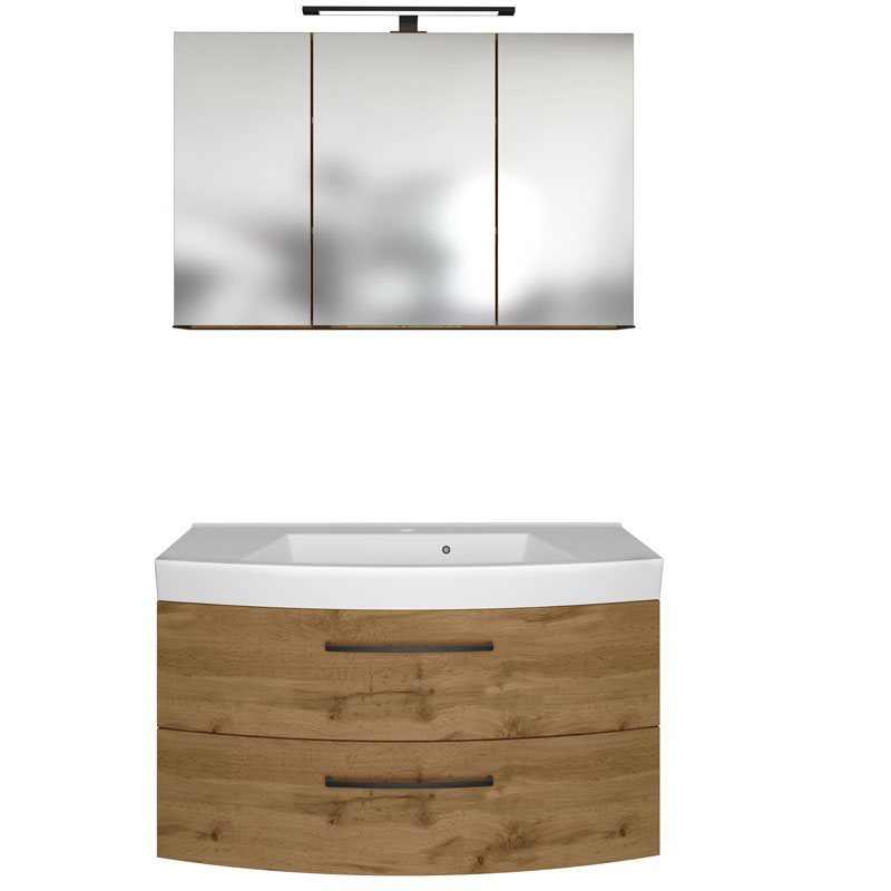 Held Möbel Manchester Badmöbel Set - 100 cm, Spiegelschrank, Mineralgussbecken, WT-unterschrank, Front / Korpus: Wotan Eiche