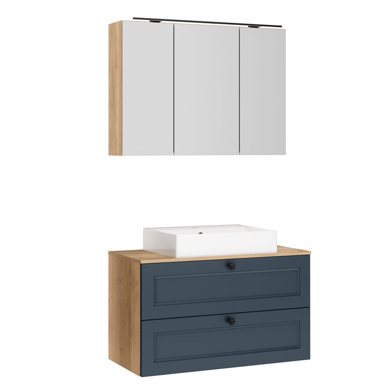 Nobilia Country Badmöbel Set 22 - 100 cm, Spiegelschrank, Aufsatzwaschtisch wählbar, Waschtischplatte, Unterschrank