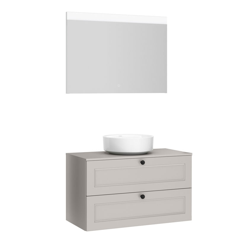 Nobilia Country Badmöbel Set 24 - 100 cm, Flächenspiegel, Keramik-Aufsatzwaschtisch, Waschtischplatte, Unterschrank