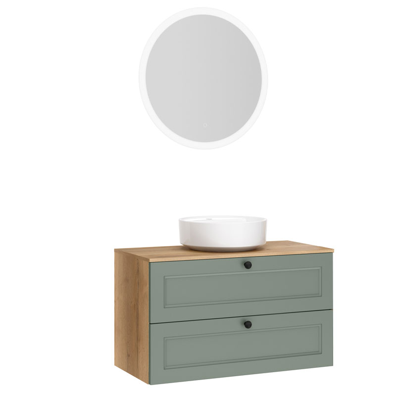 Nobilia Country Badmöbel Set 25 - 100 cm, Flächenspiegel, Keramik-Aufsatzwaschtisch, Waschtischplatte, Unterschrank