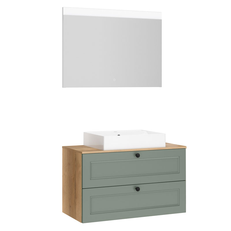 Nobilia Country Badmöbel Set 26 - 100 cm, Flächenspiegel, Aufsatzwaschtisch wählbar, Waschtischplatte, Unterschrank