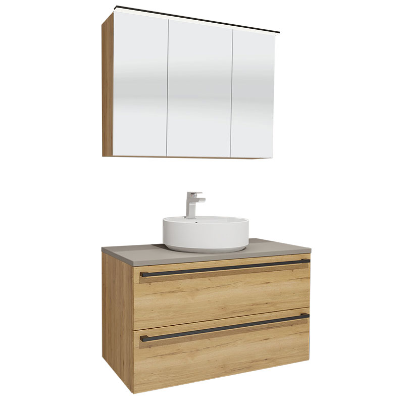 Nobilia Ella Badmöbel Set 21 - 100 cm, Spiegelschrank, Aufsatzwaschtisch, Waschtischplatte, 2 Auszüge