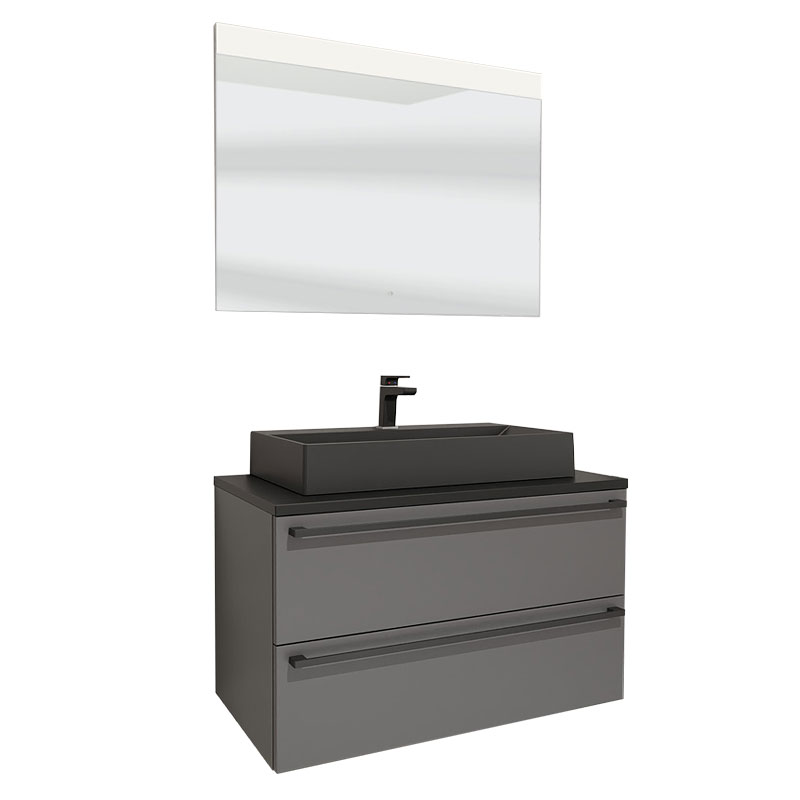 Nobilia Ella Badmöbel Set 28 - 100 cm, Flächenspiegel wählbar, Aufsatzwaschtisch, Waschtischplatte, 2 Auszüge
