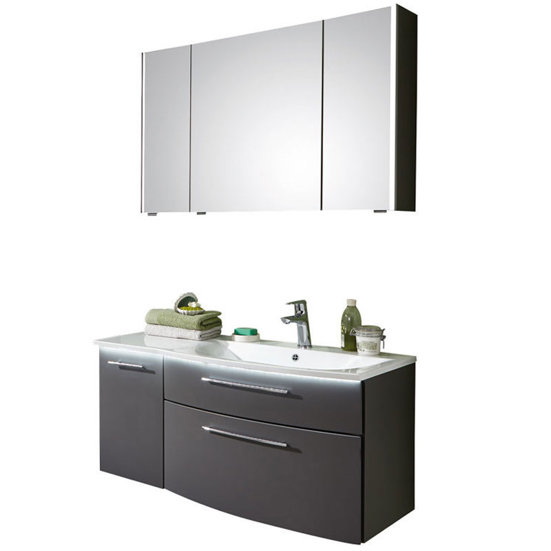 Puris Linea Badmöbel Set 13 - 100 cm, Spiegelschrank, Mineralguss-Waschtisch, Waschtischunterschrank