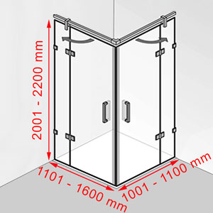 Breite / Tiefe / Höhe: 1101 - 1600 mm / 1001 - 1100 mm / 2001 - 2200 mm