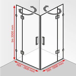 Breite / Tiefe / Höhe: 1101 - 1300 mm / 1101 - 1300 mm / bis 2000 mm