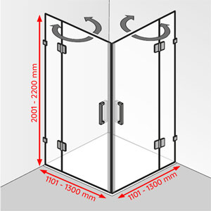 Breite / Tiefe / Höhe: 1101 - 1300 mm / 1101 - 1300 mm / 2001 - 2200 mm