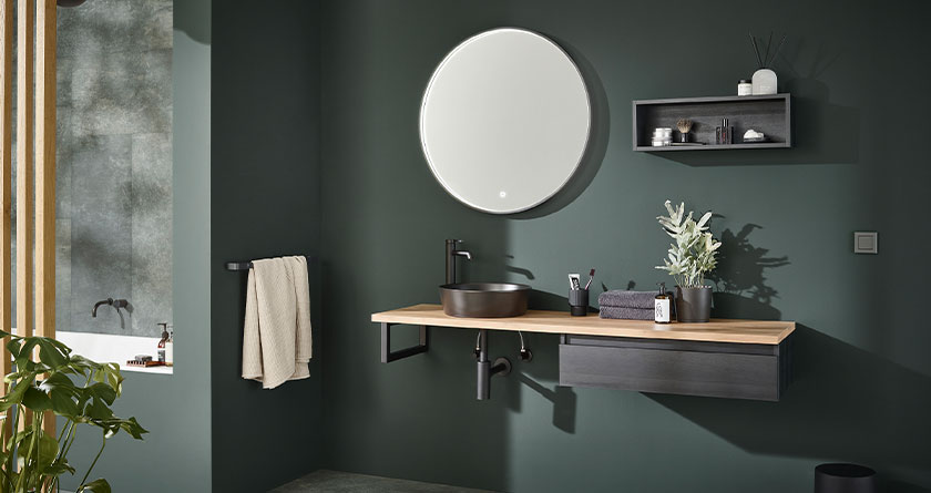Puris Vialli Badmöbel Set 160 cm Flächenspiegel, Aufsatz-WT, WT-Platte, Waschtischunterschrank, Konsole